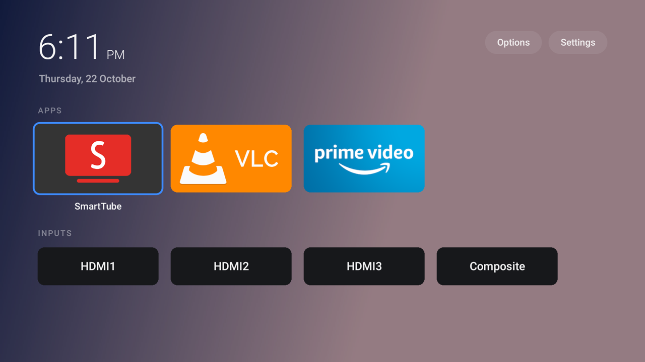 dumbtv home on a TV: the clock, your apps and your HDMI inputs